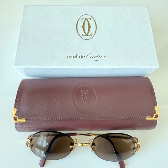 CARTIER Oval Rimless Sunglasses Brown  Gold Frame Authentic Vintage - Picture 9 of 10